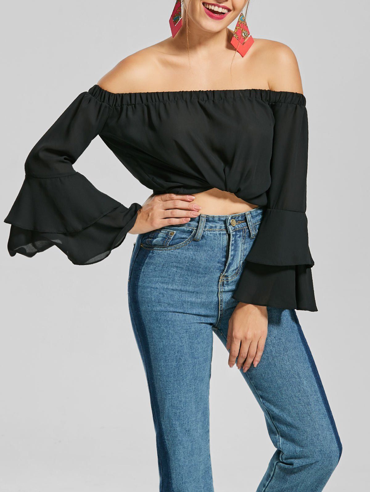 

Chiffon Off The Shoulder Flare Sleeve Top, Black