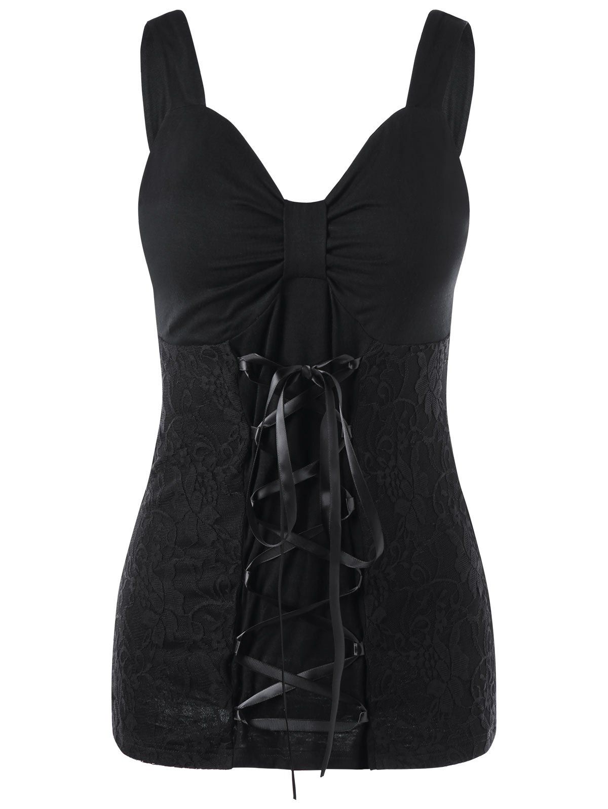 

Lace Trim Lace Up Slim Tank Top, Black