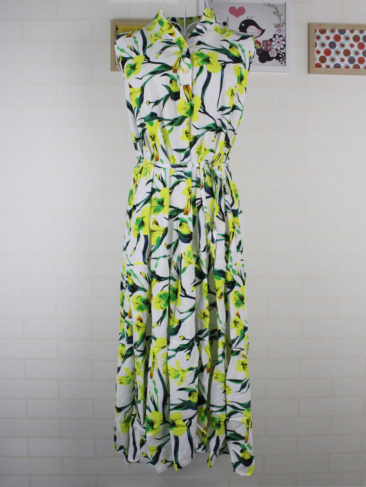 

Cute Women's Sleeveless Buttoned Stand-Up Collar Floral Print Dress, Green