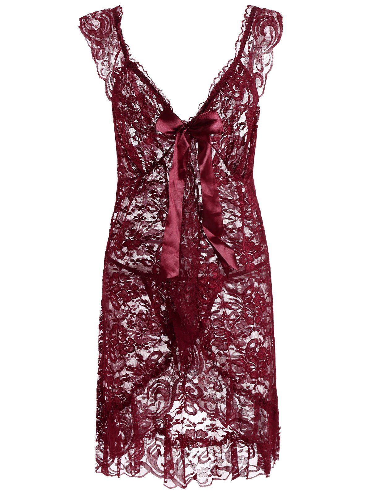 

Plunging Neck See Thru Lace Plus Size Babydoll, Wine red