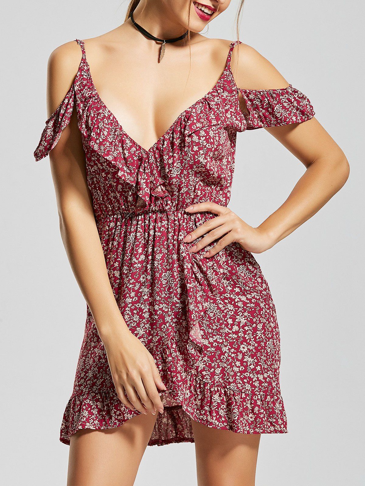 

Tiny Floral Cold Shoulder Ruffle Mini Dress, Red