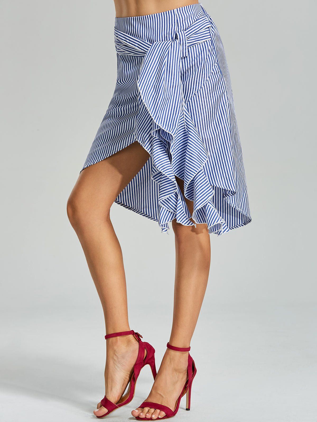 [17% OFF] 2021 Belted Striped Asymmetrical Skirt In BLUE | DressLily