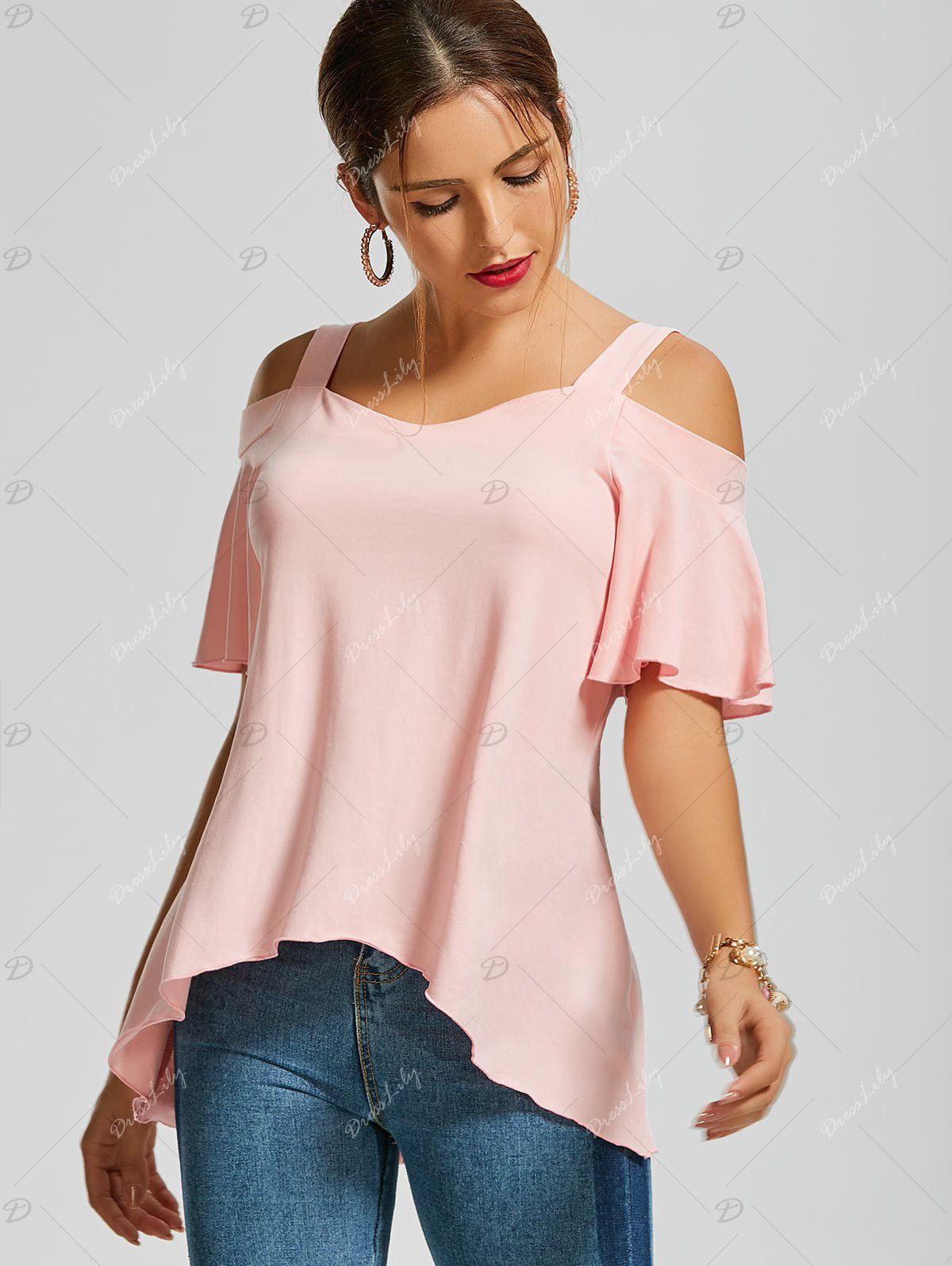 2018 Cold Shoulder Asymmetrical Hem Top PINK XL In Blouses Online Store ...