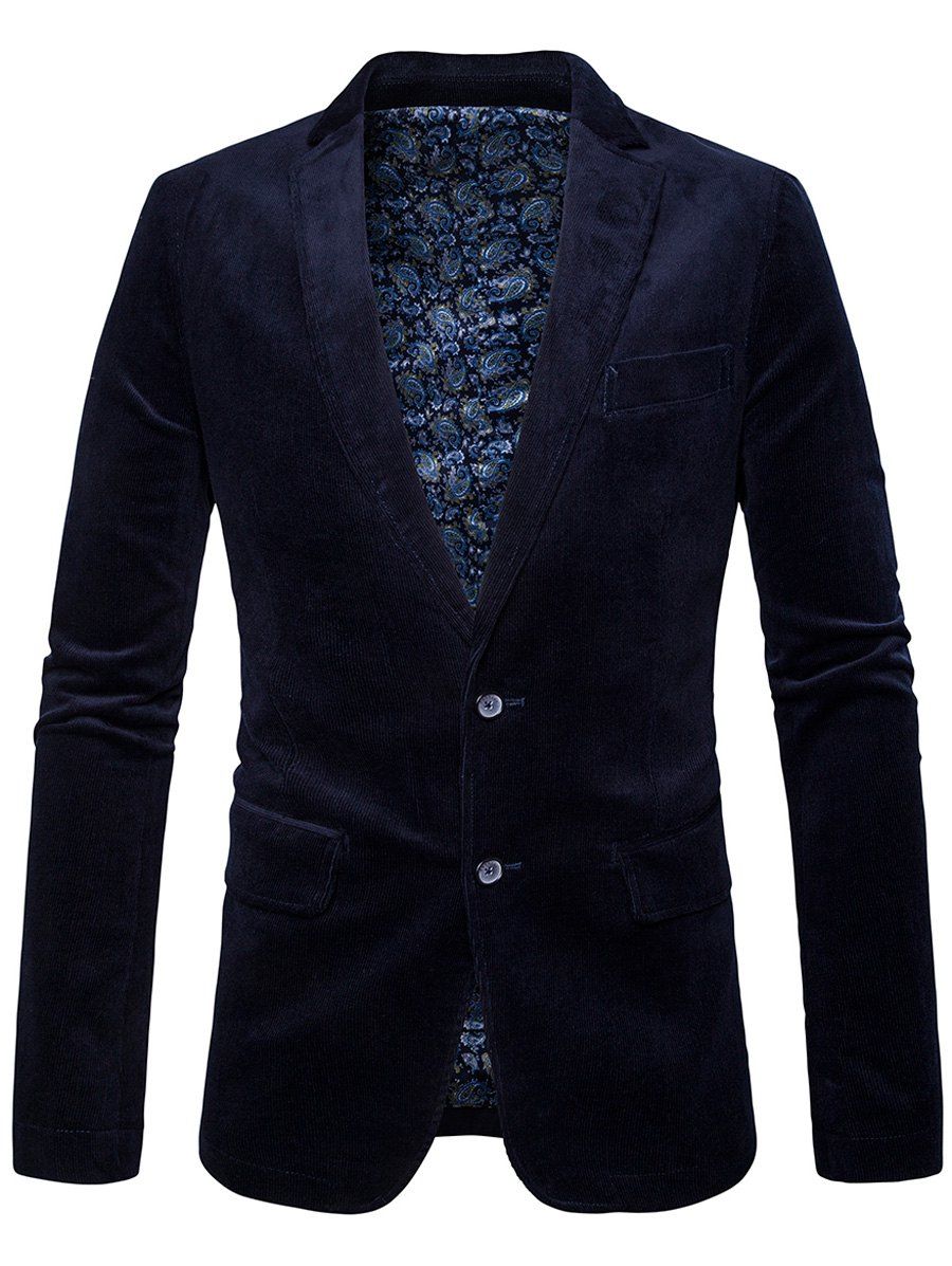 

Lapel Collar Elbow Patch Corduroy Blazer, Purplish blue