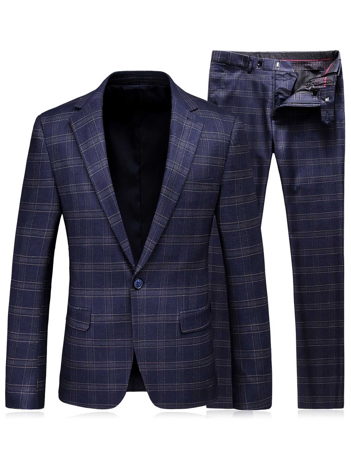 

Lapel Tartan One Button Blazer and Pants Twinset, Blue