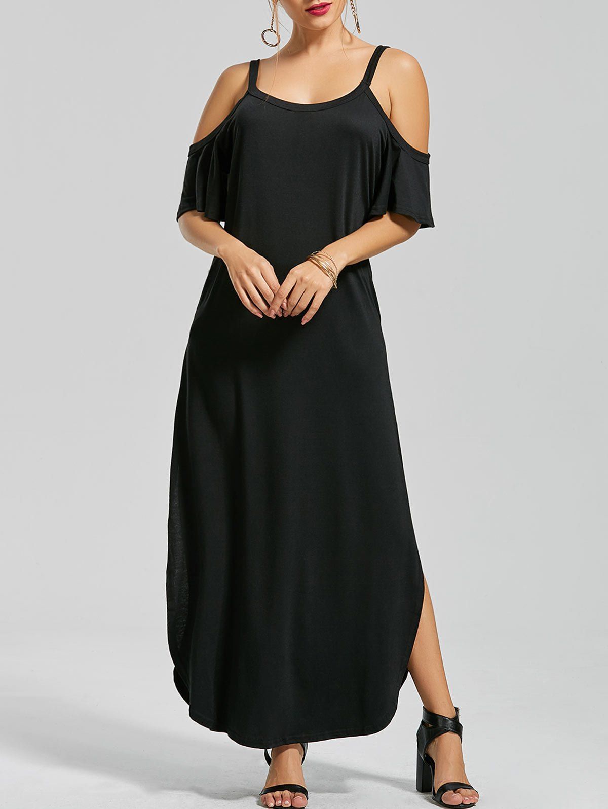 

Pockets Slit Cold Shoulder Maxi Dress, Black