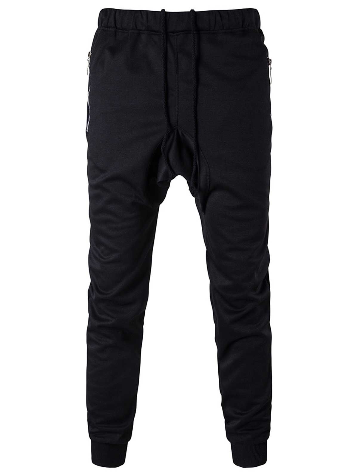 

Zipper Pocket Drop Crotch Drawstring Jogger Pants, Black
