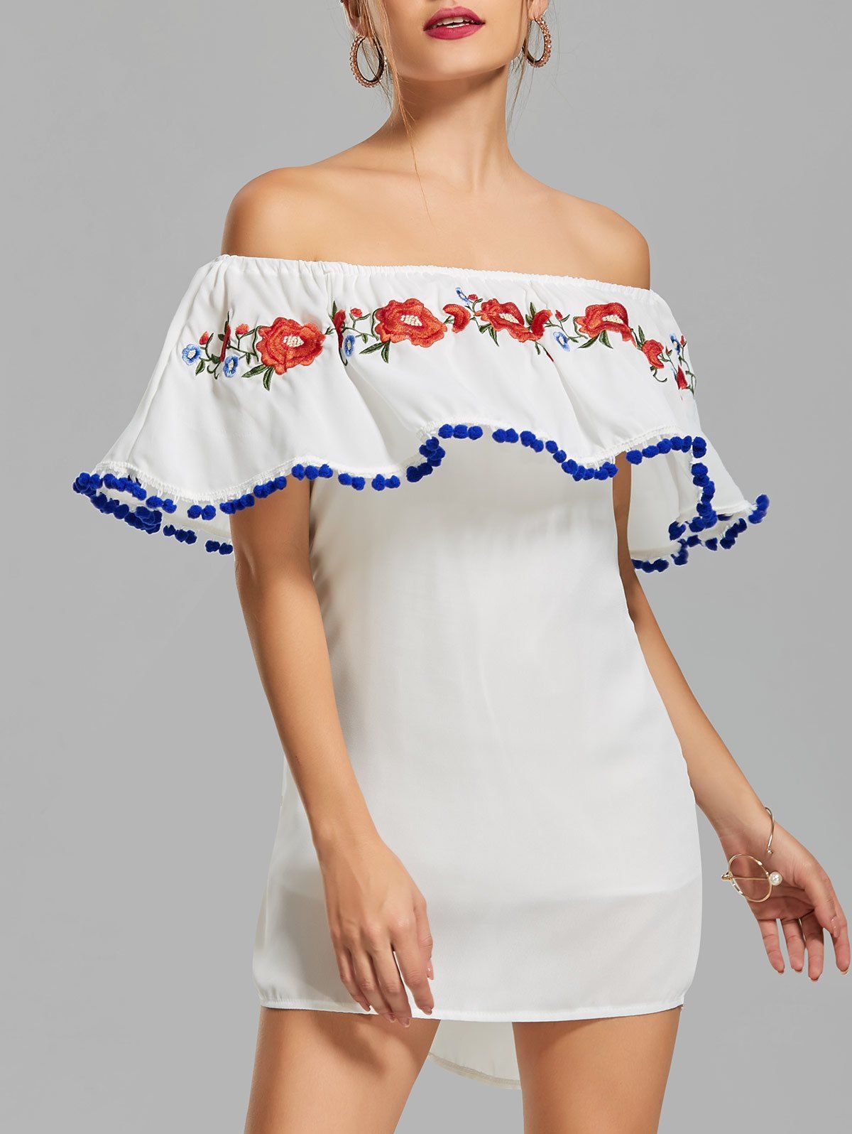 

Off The Shoulder Embroidered Flounce Dress, White