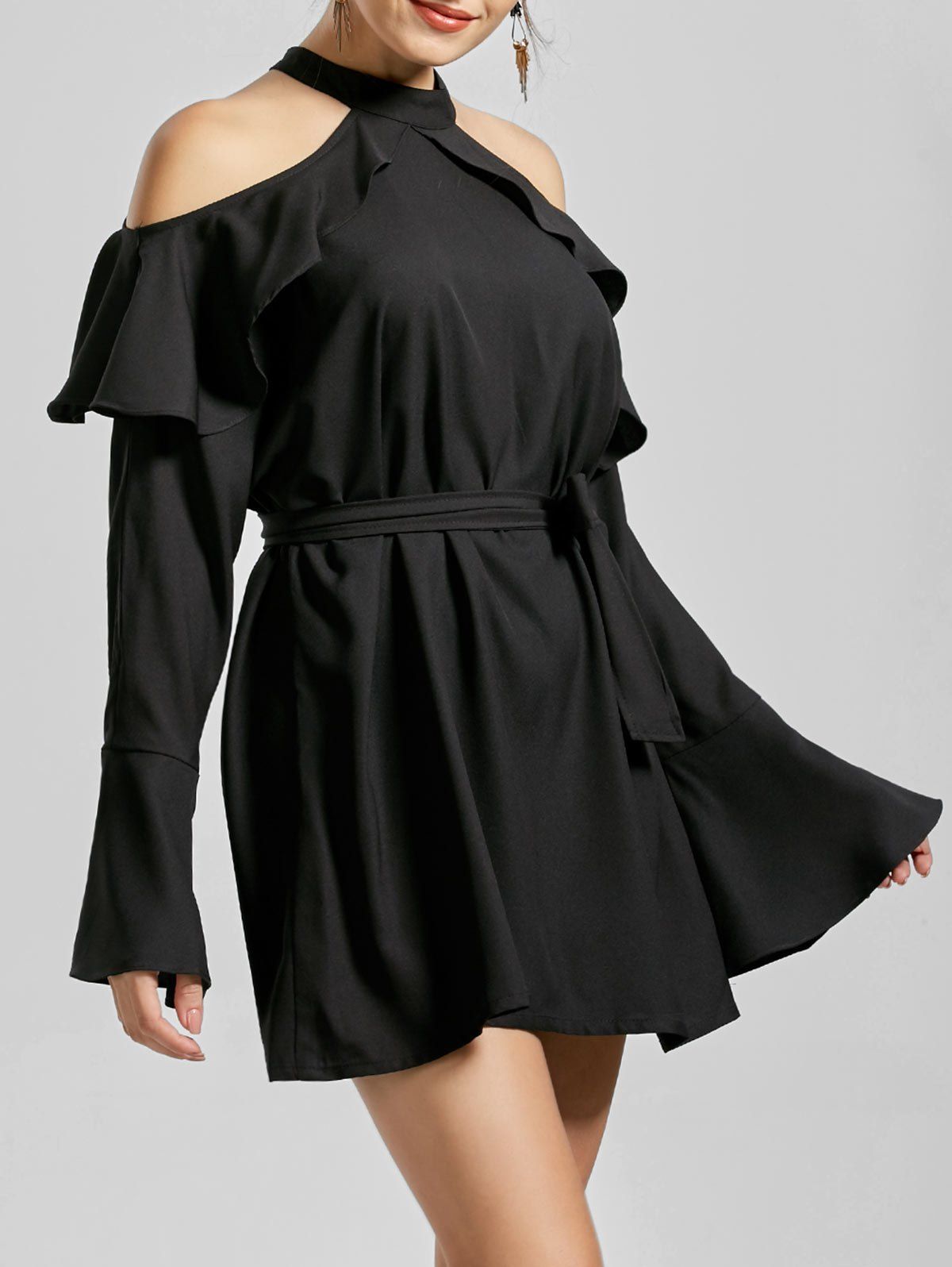 

Cold Shoulder Flare Sleeve Mock Neck Dress, Black