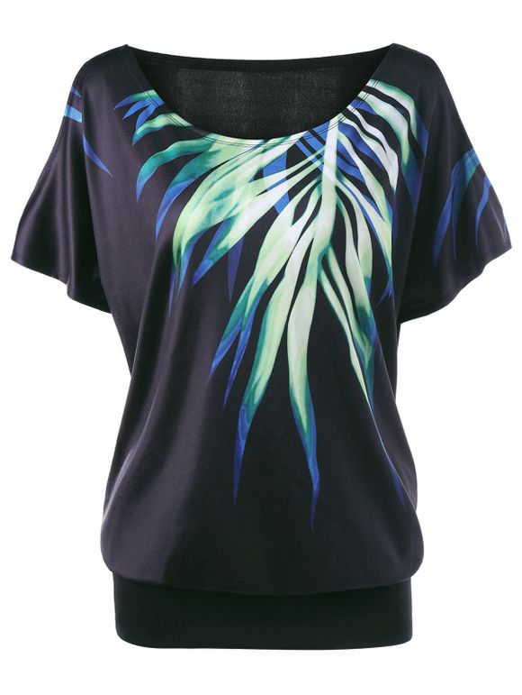 T-shirt Imprimé Feuilles à épaules Nues Grande Taille - Noir 2XL