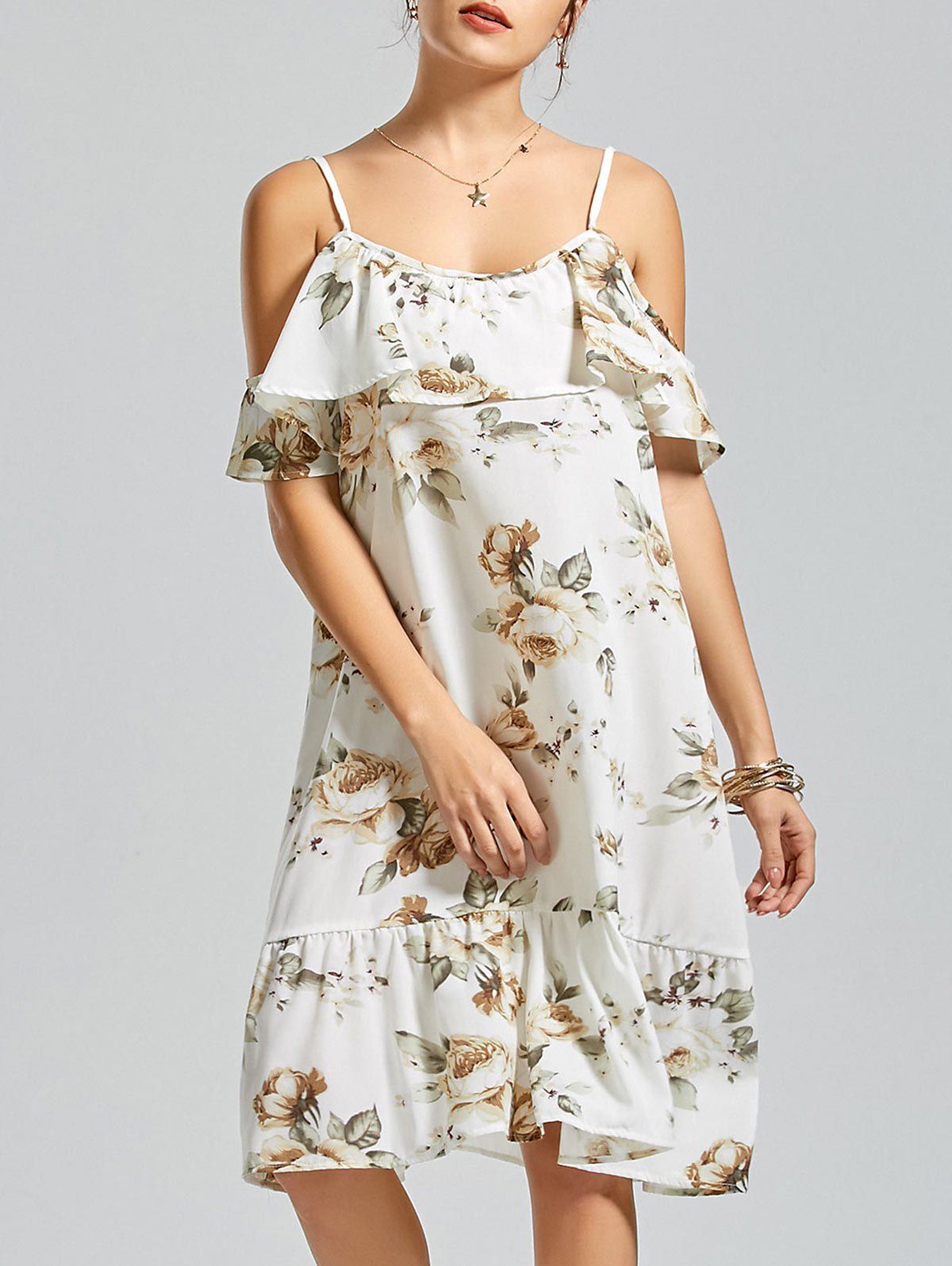 

Cold Shoulder Drop Waist Floral Dress, White
