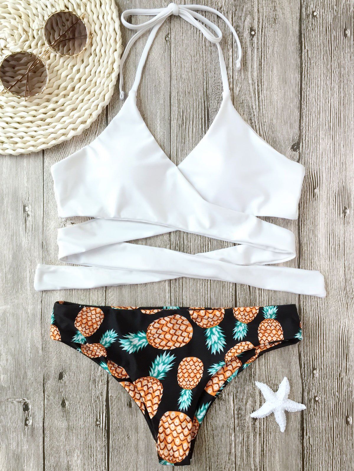 

Pineapple Print Wrap Bikini Set, White