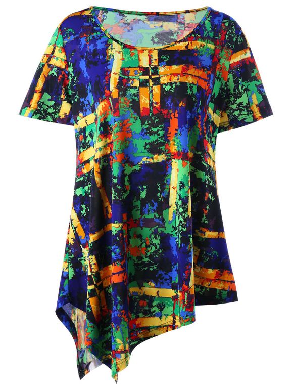 T-shirt Grande Taille Asymétrique Long Imprimé - multicolore 2XL