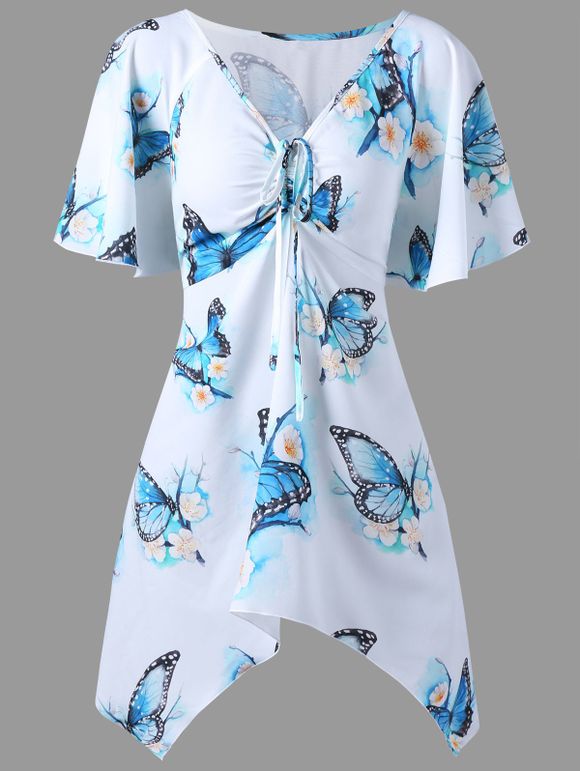 Plus Size Butterfly Printed Dressy Long T-shirt - WHITE 3XL