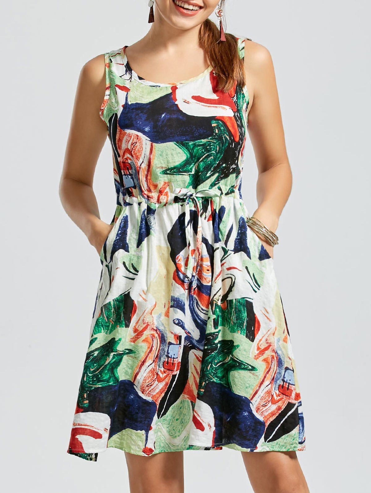 

Print Drawstring Tank Dress, Colormix