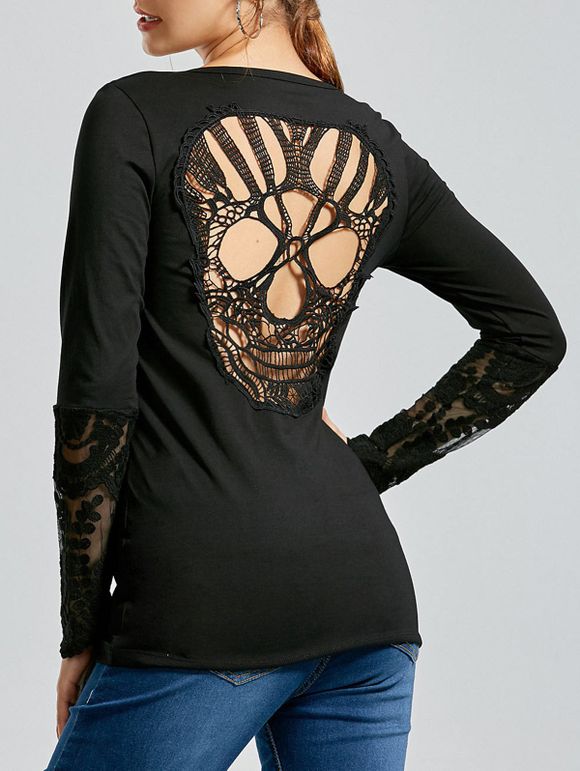 Back Skulls Lace Panel T-shirt à manches longues - Noir XL