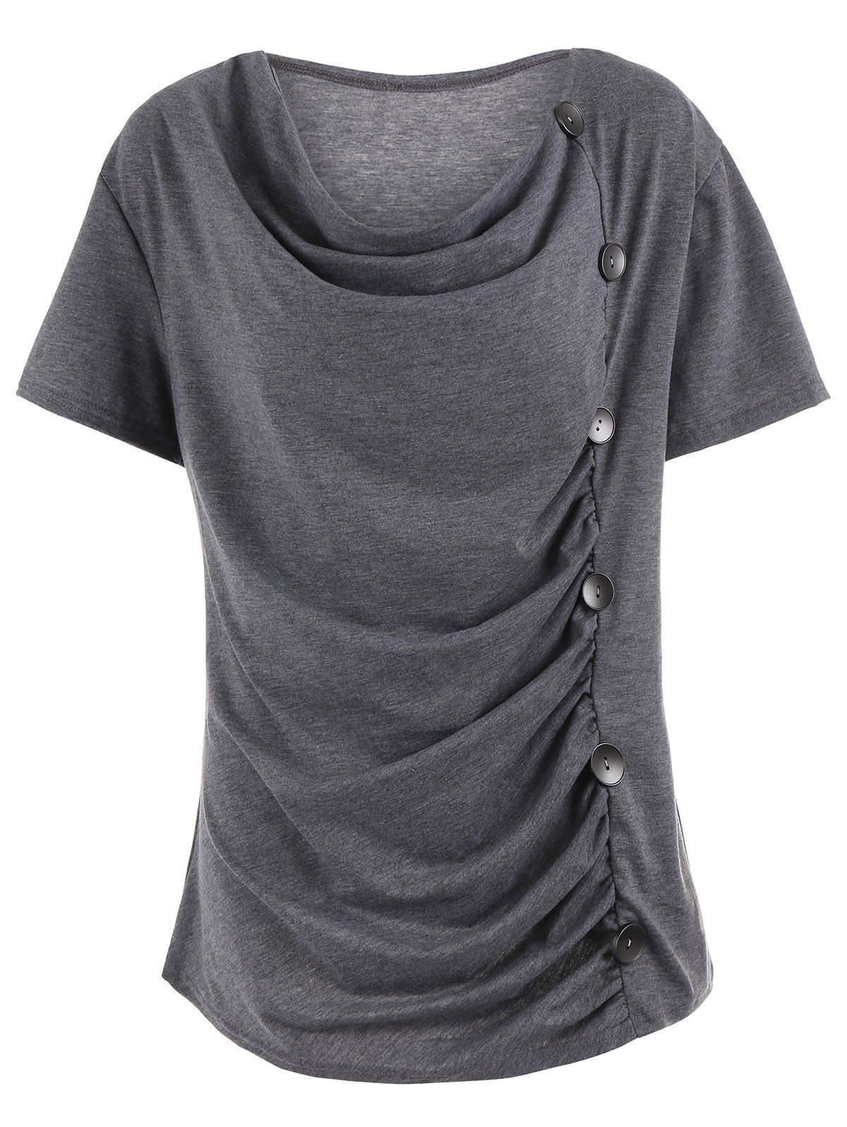 

Cowl Neck Button Embellished Plus Size Tee, Gray