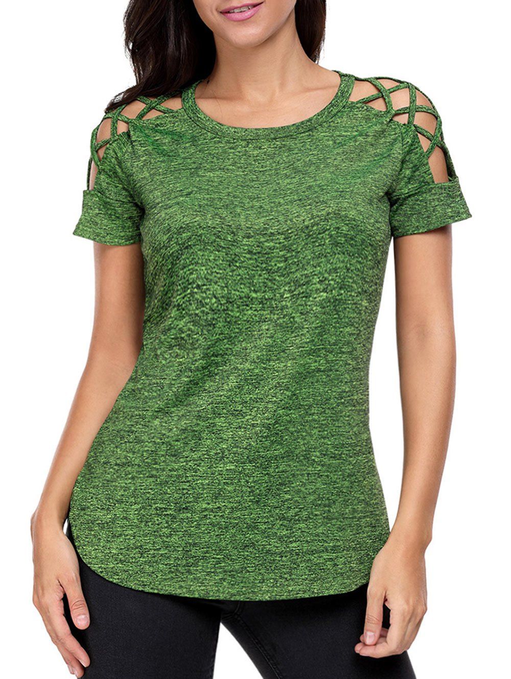 

Crisscross Cold Shoulder Heathered T-shirt, Green