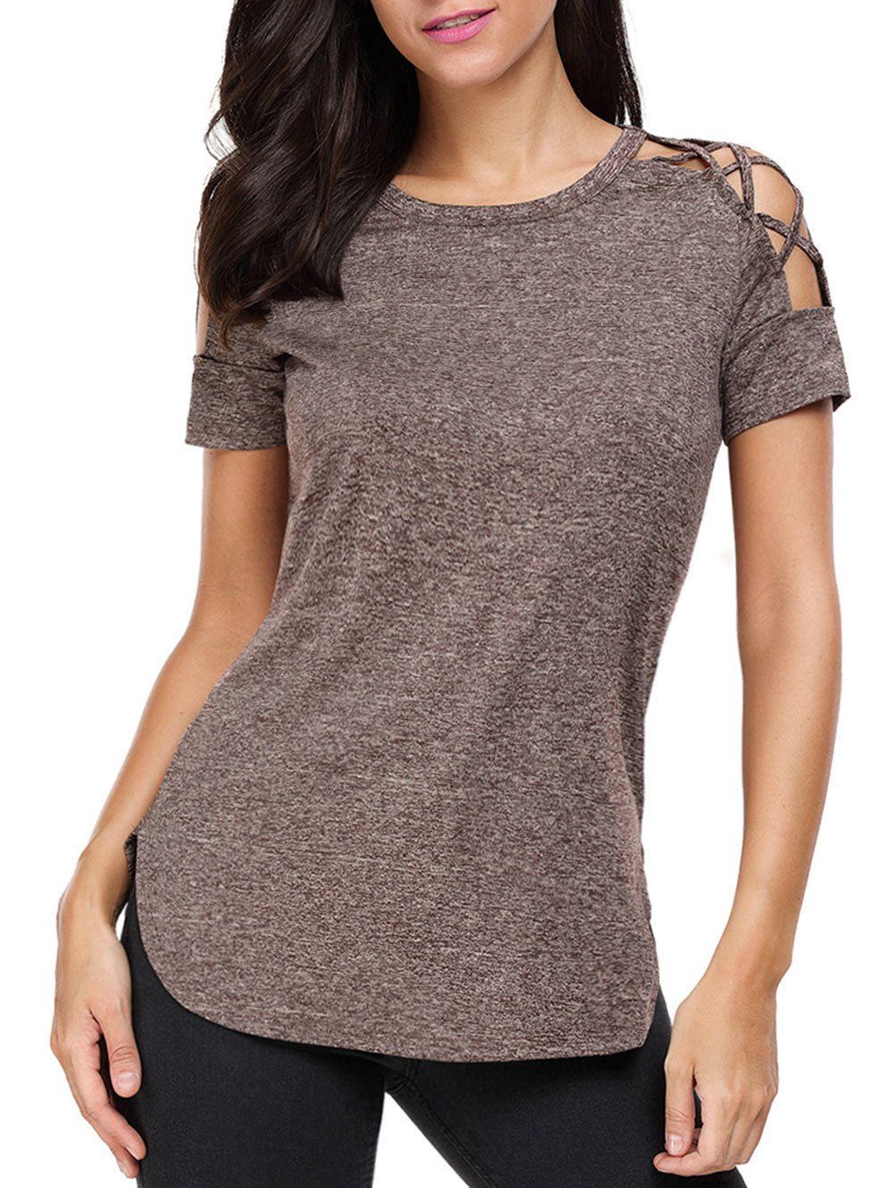 

Crisscross Cold Shoulder Heathered T-shirt, Coffee