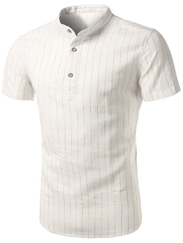 

Stand Collar Vertical Stripe Cotton Linen Shirt, White