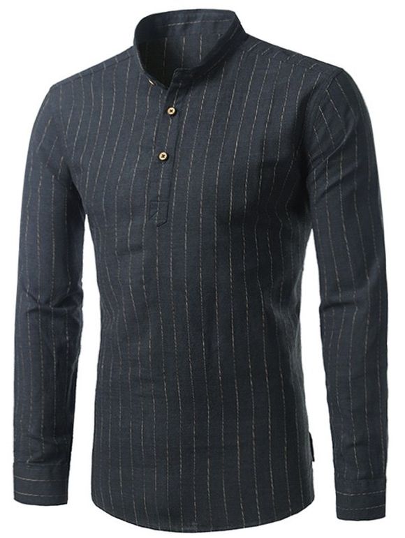 Chemise en lin à coton à rayures verticales à manches longues - Noir 42