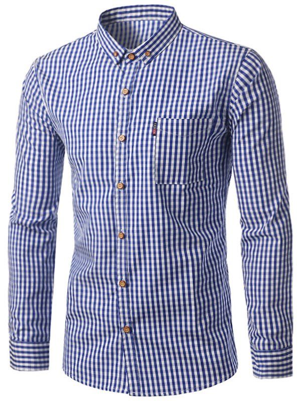 

Pocket Button Down Checked Long Sleeve Shirt, Deep blue