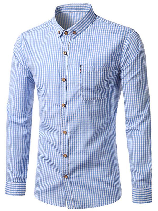 

Pocket Button Down Checked Long Sleeve Shirt, Light blue