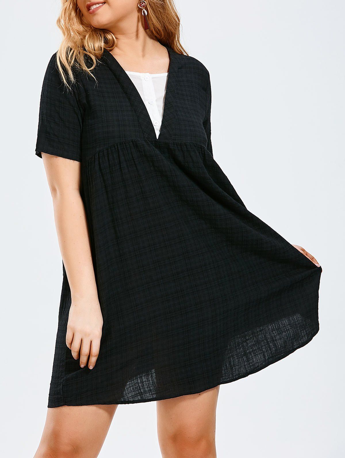 

Plus Size Half Button Plaid Smock Dress, Black