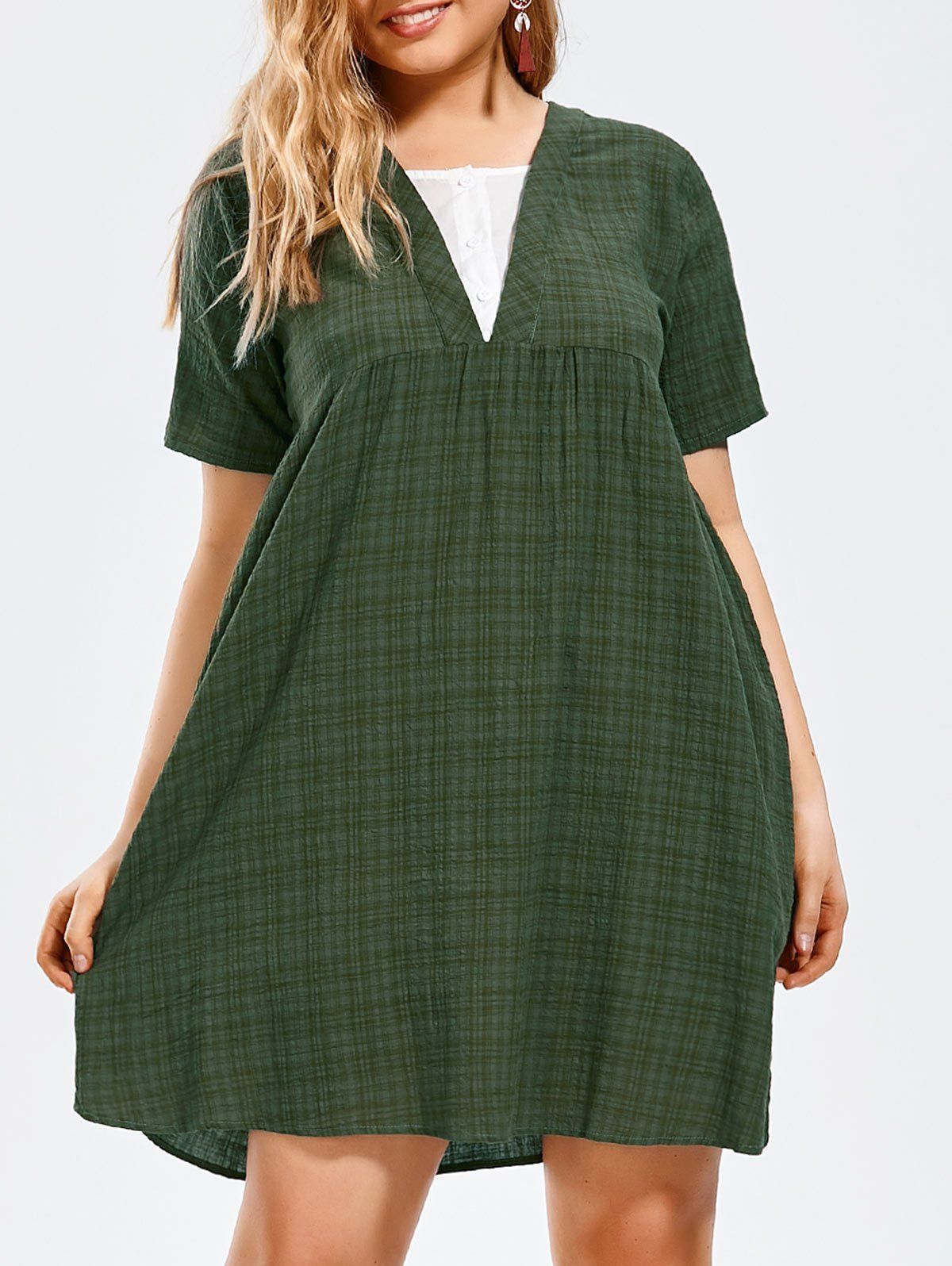 

Plus Size Half Button Plaid Smock Dress, Pale green