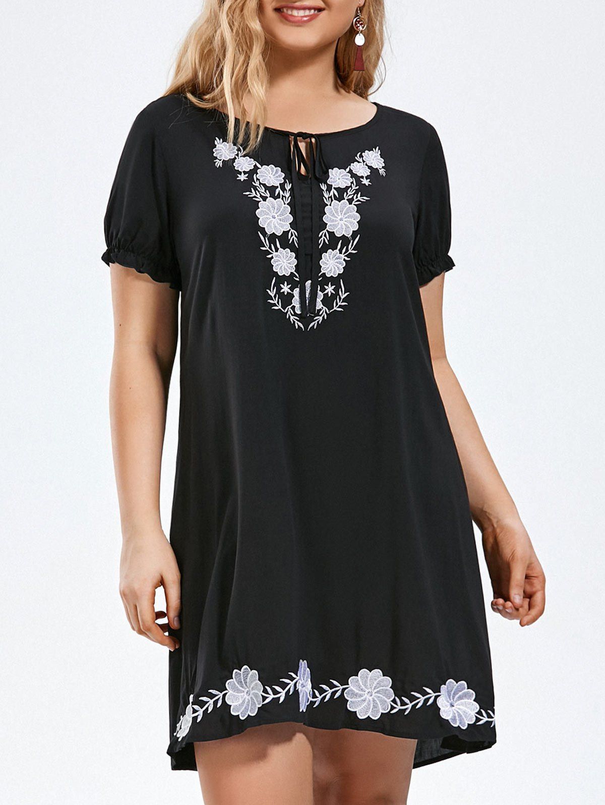 

Plus Size Flower Embroidery Tie Front Dress, Black