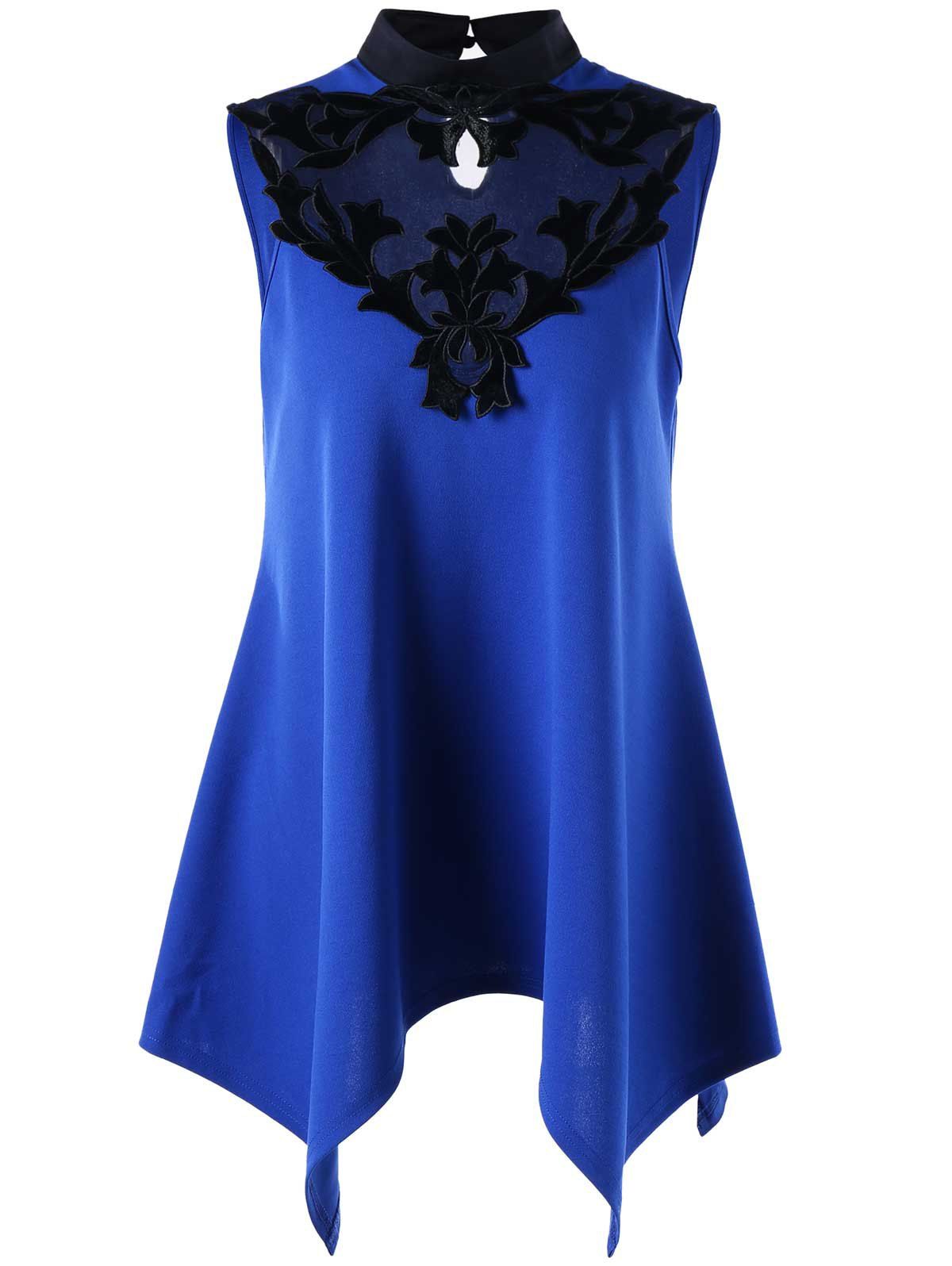 

Stand Collar Sleeveless Patched Top, Blue
