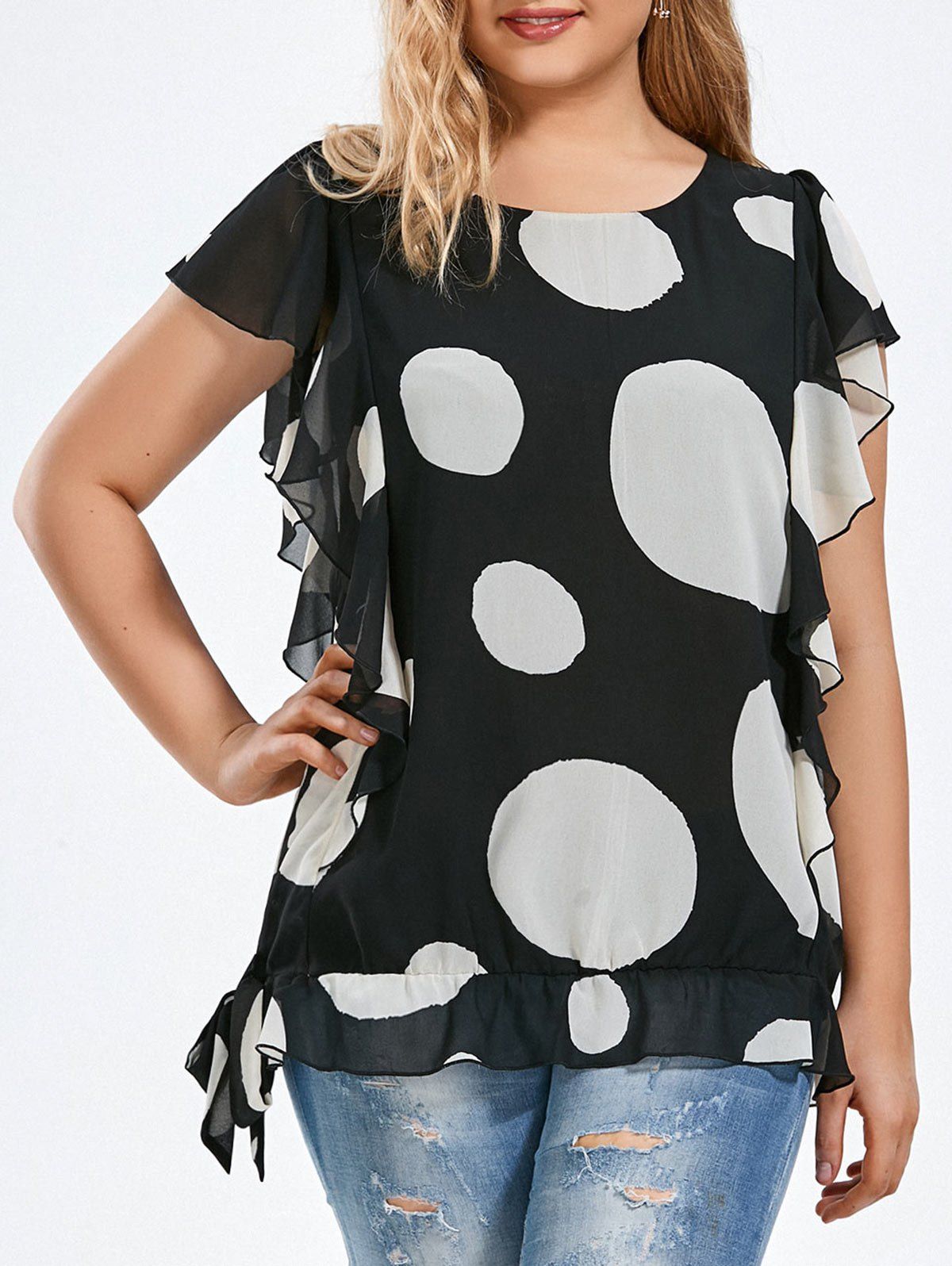 

Plus Size Dotted Ruffled Blouson Top, Black