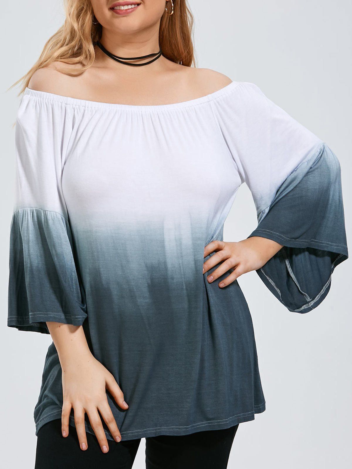 

Plus Size Ombre Off The Shoulder Top with Flare Sleeve, Gray