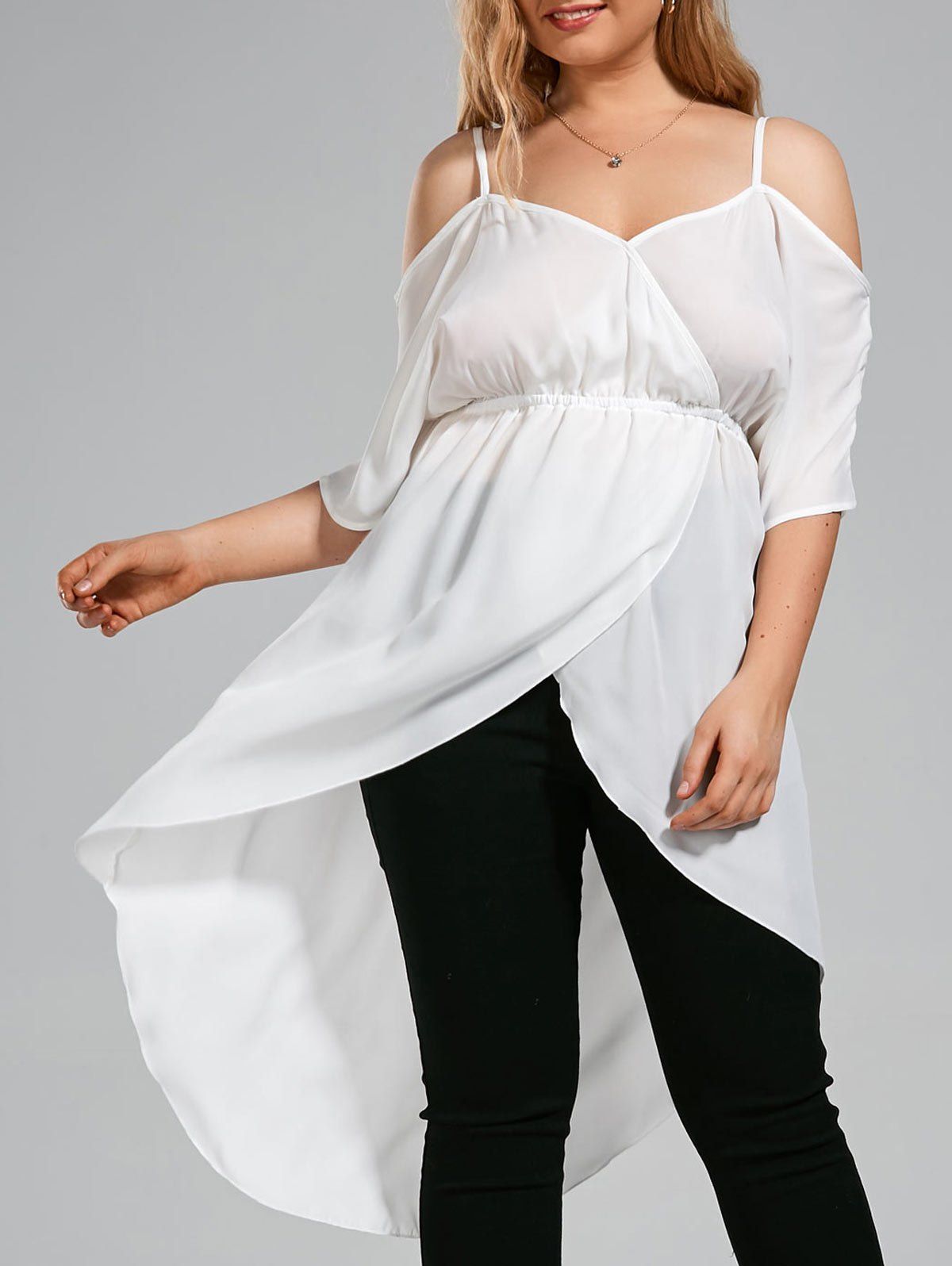 

Plus Size Open Shoulder Long High Low Chiffon Top, White