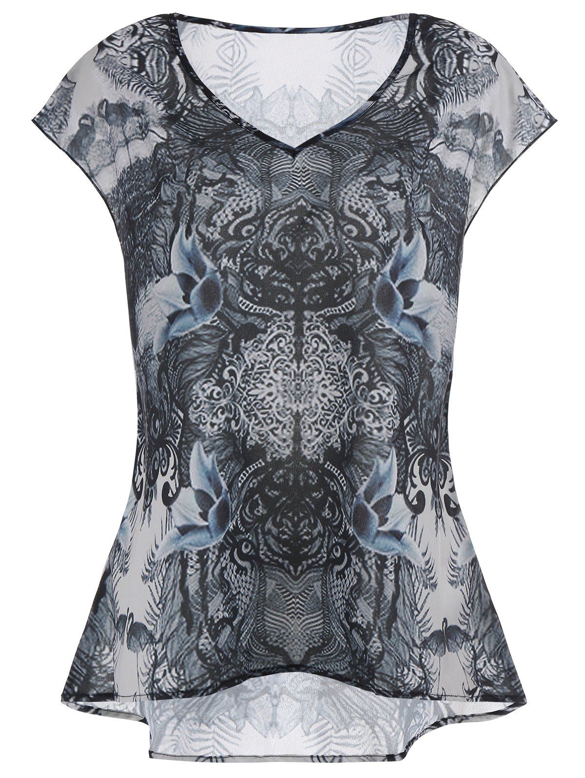 

V Neck Printed Plus Size High Low Top, Colormix