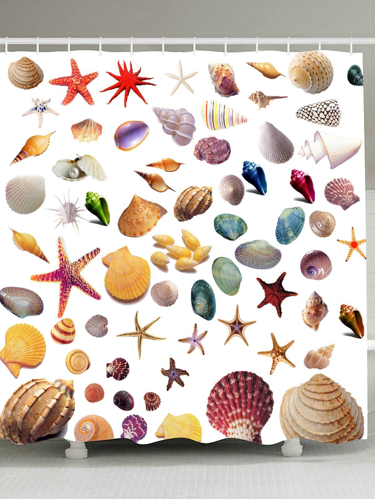 

Starfish Shell Conch Print Waterproof Shower Curtain, Colorful