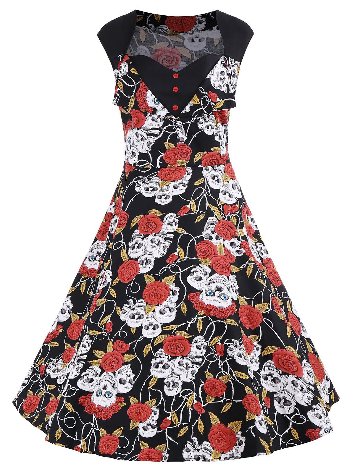 

Floral Skull Print A Line Plus Size Dress, Black