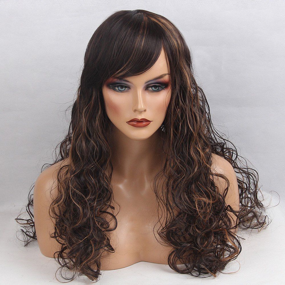 

Long Oblique Bang Colormix Shaggy Curly Synthetic Wig, Black and brown
