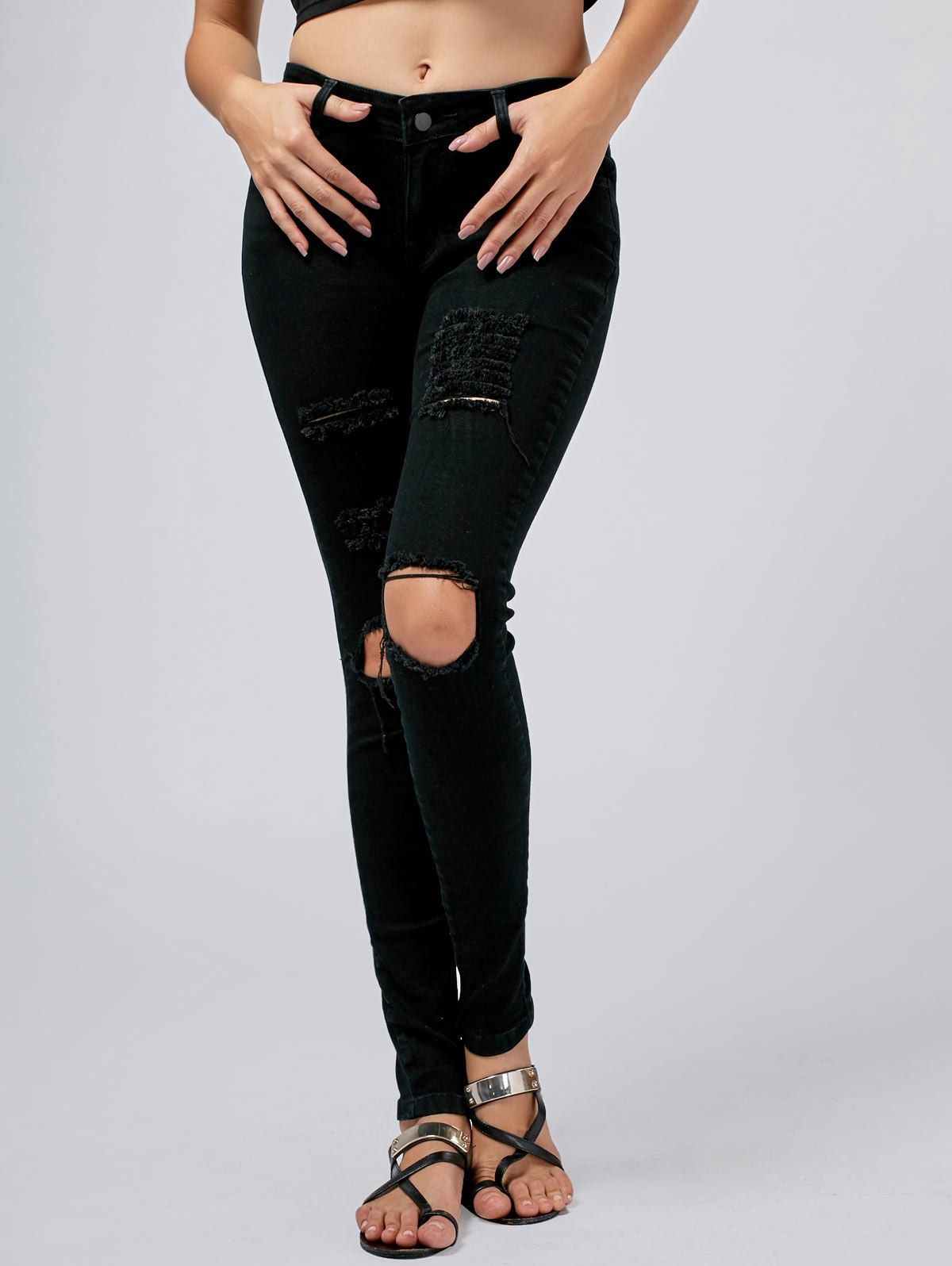 Five Pockets Destroyed Skinny Jeans - BLACK 2XL
