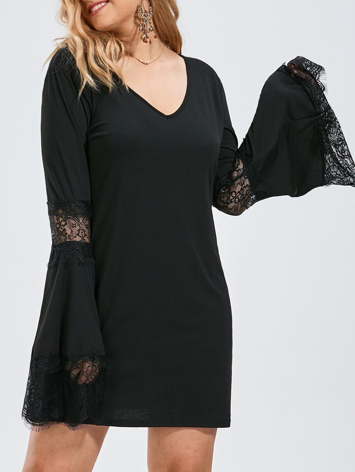 

Plus Size Bell Sleeve Lace Crochet Panel Tee Dress, Black