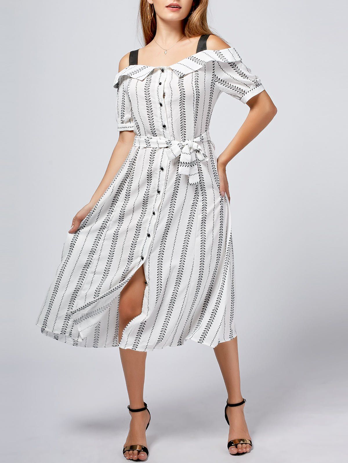 Cold Shoulder Button Up Print Tea Length Dress - WHITE 2XL