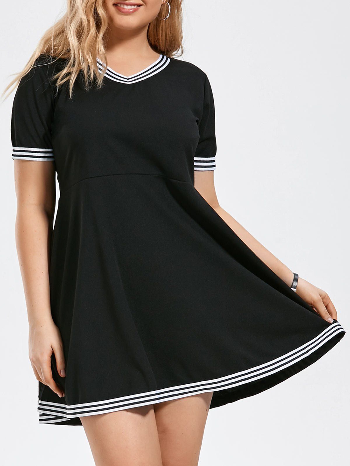 

Plus Size Stripe Panel V Neck Fit and Flare Dress, Black