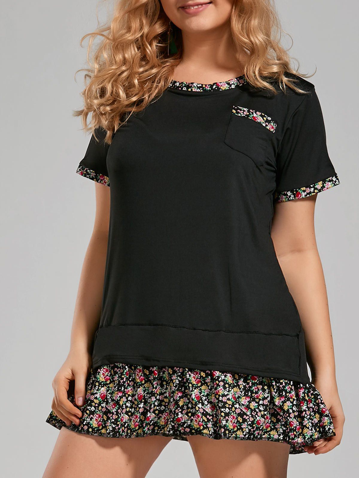 

Plus Size Ruffle Floral Printed Tunic Top, Black