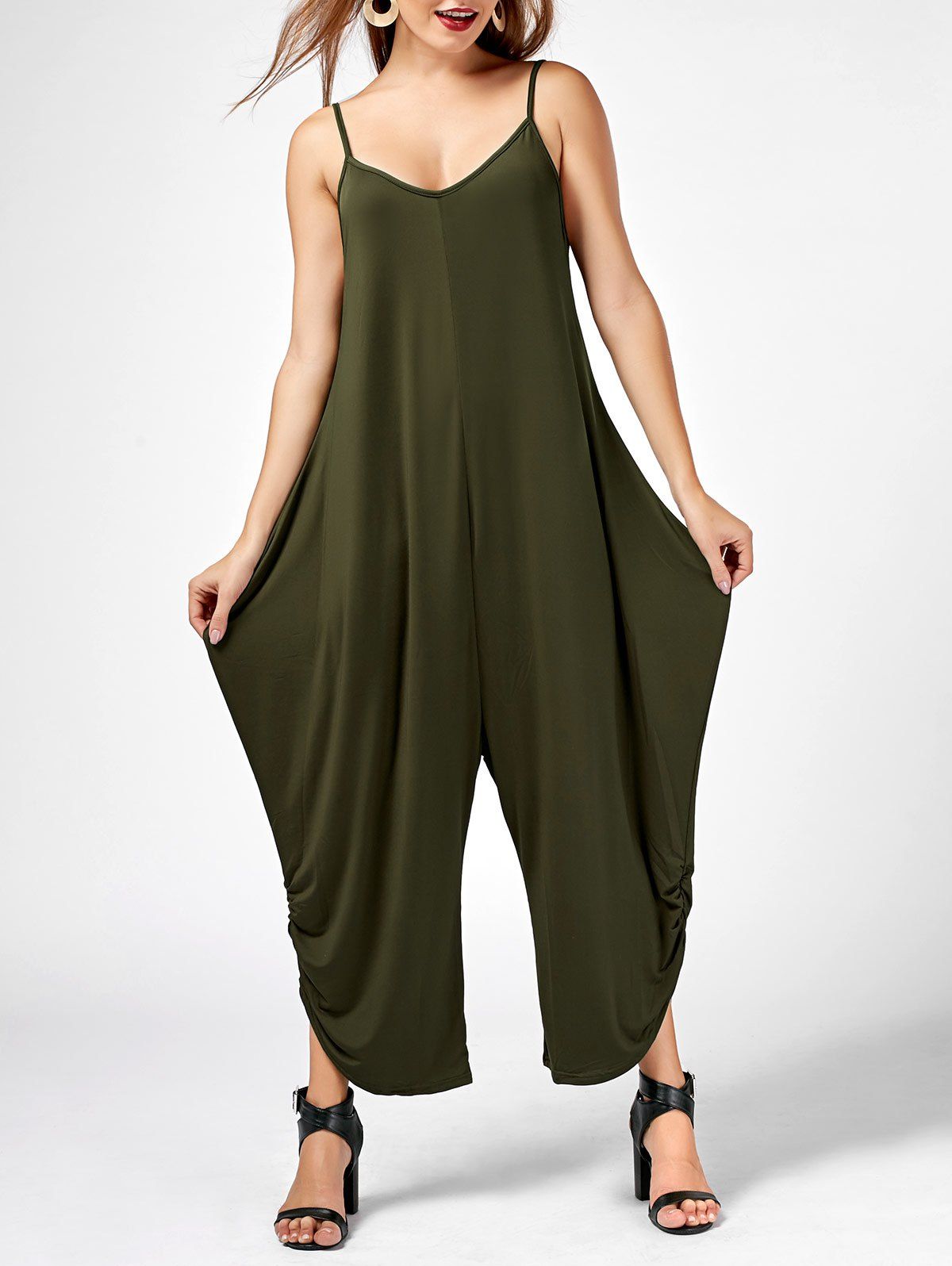 [41% OFF] 2020 Spaghetti Strap Scrunch Baggy Jumpsuit In ARMY GREEN ...