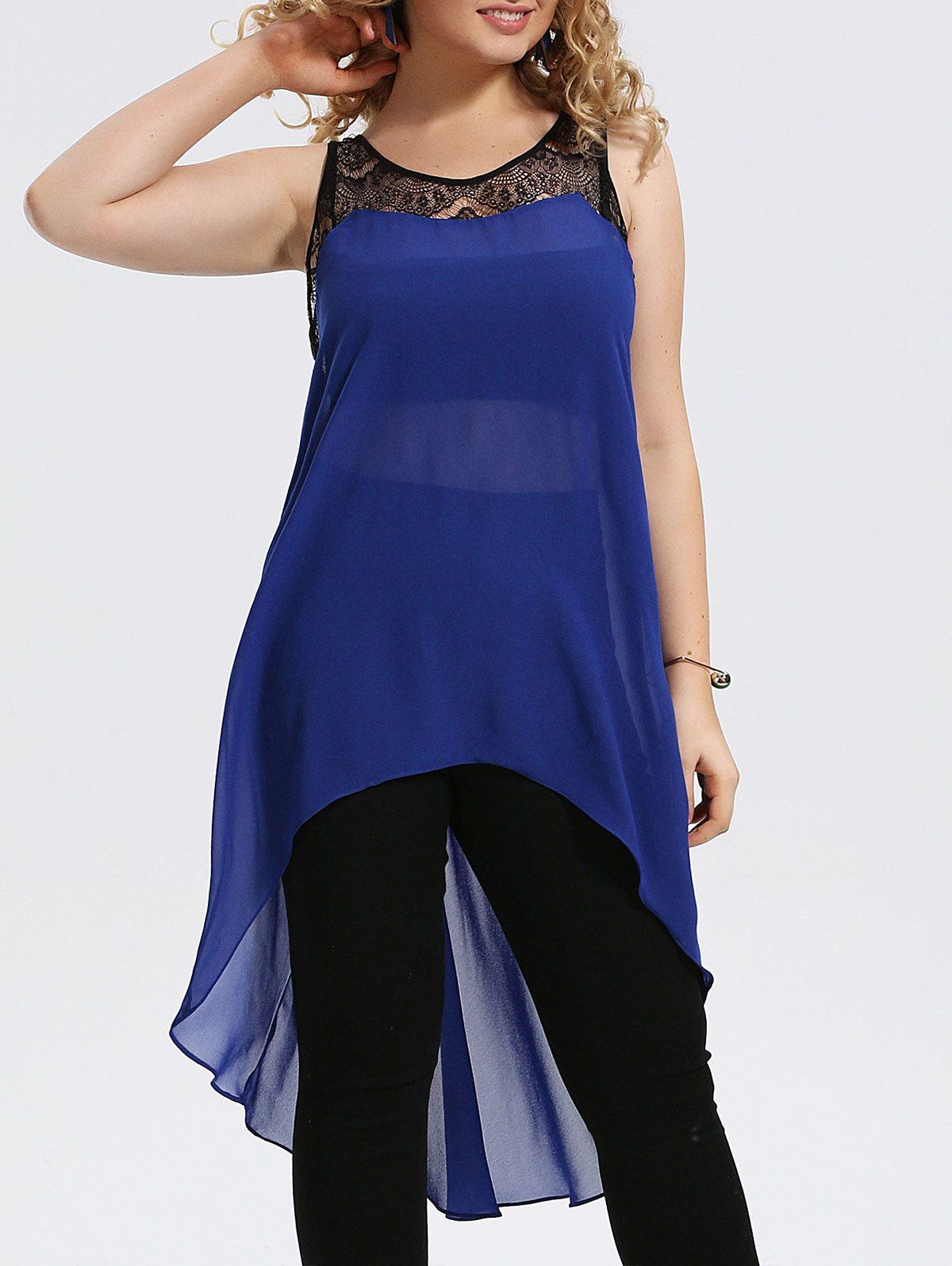 [41% OFF] 2021 Plus Size Lace Trim Chiffon High Low Tank Top In BLUE