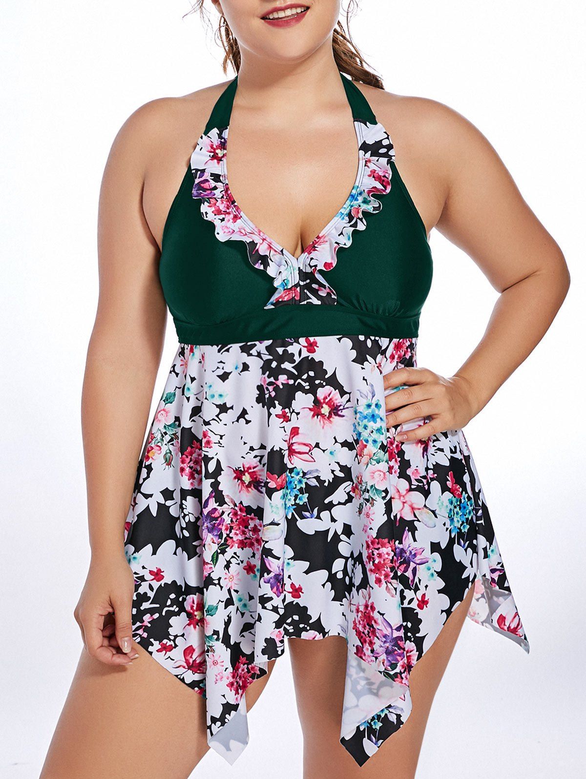 

Halter Floral Handkerchief Plus Size Tankini Set, Blackish green