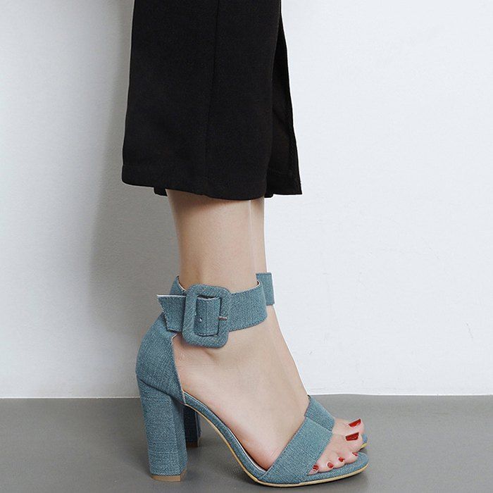 Denim Vamp Ankle Strap Sandals - BLUE 40