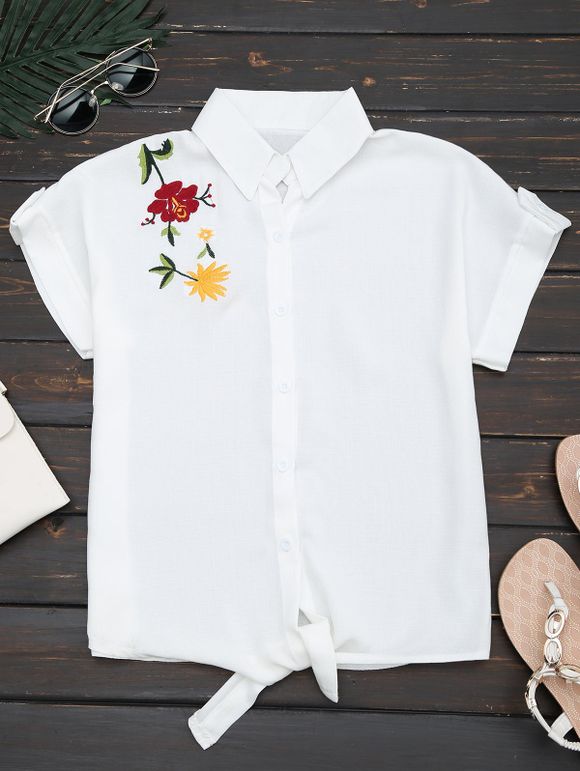 Chemise manches courtes brodées à la fleur - Blanc XL