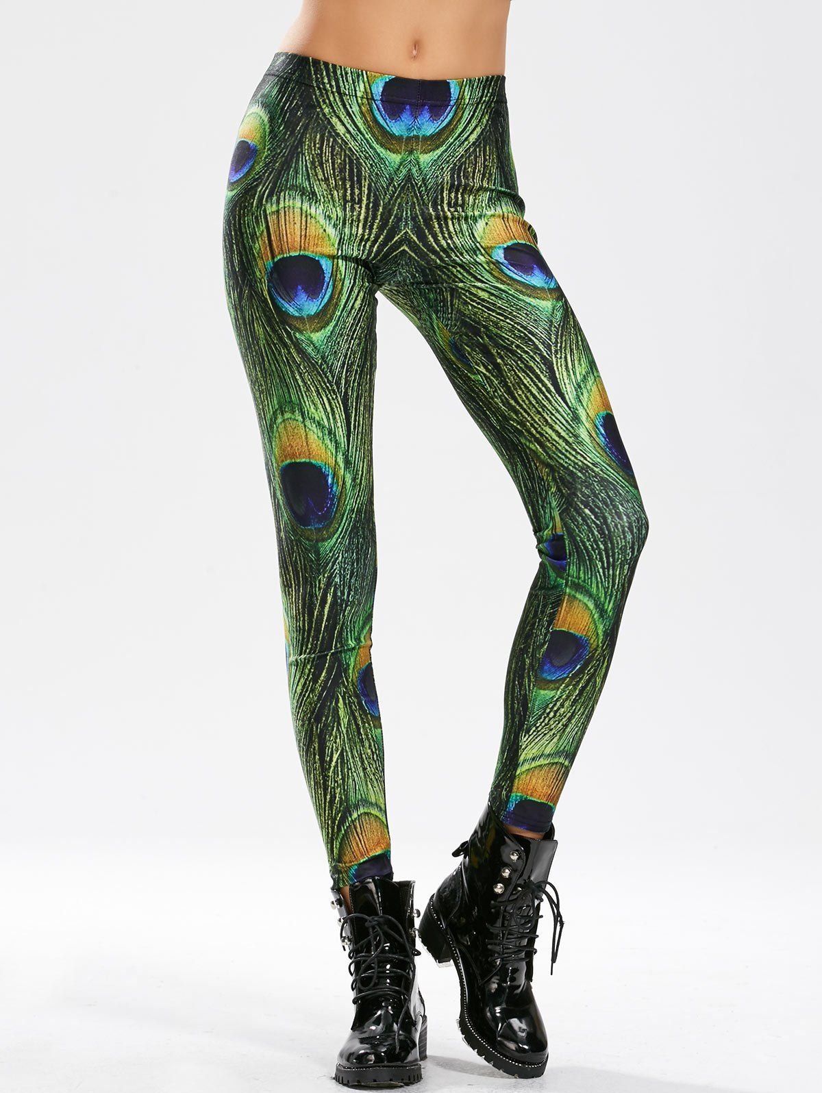 

High Waisted Peacock Feather Print Skinny Leggings, Multi