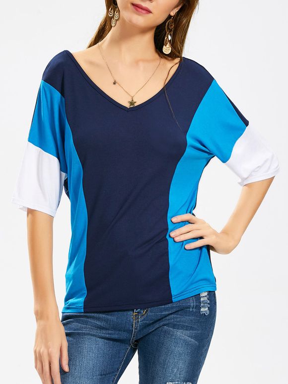T-shirt Décontracté Multicolore à Encolure en V - Bleu L